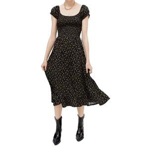 Women's Black Floral Smocked Puff Sleeve Midi Dress Small